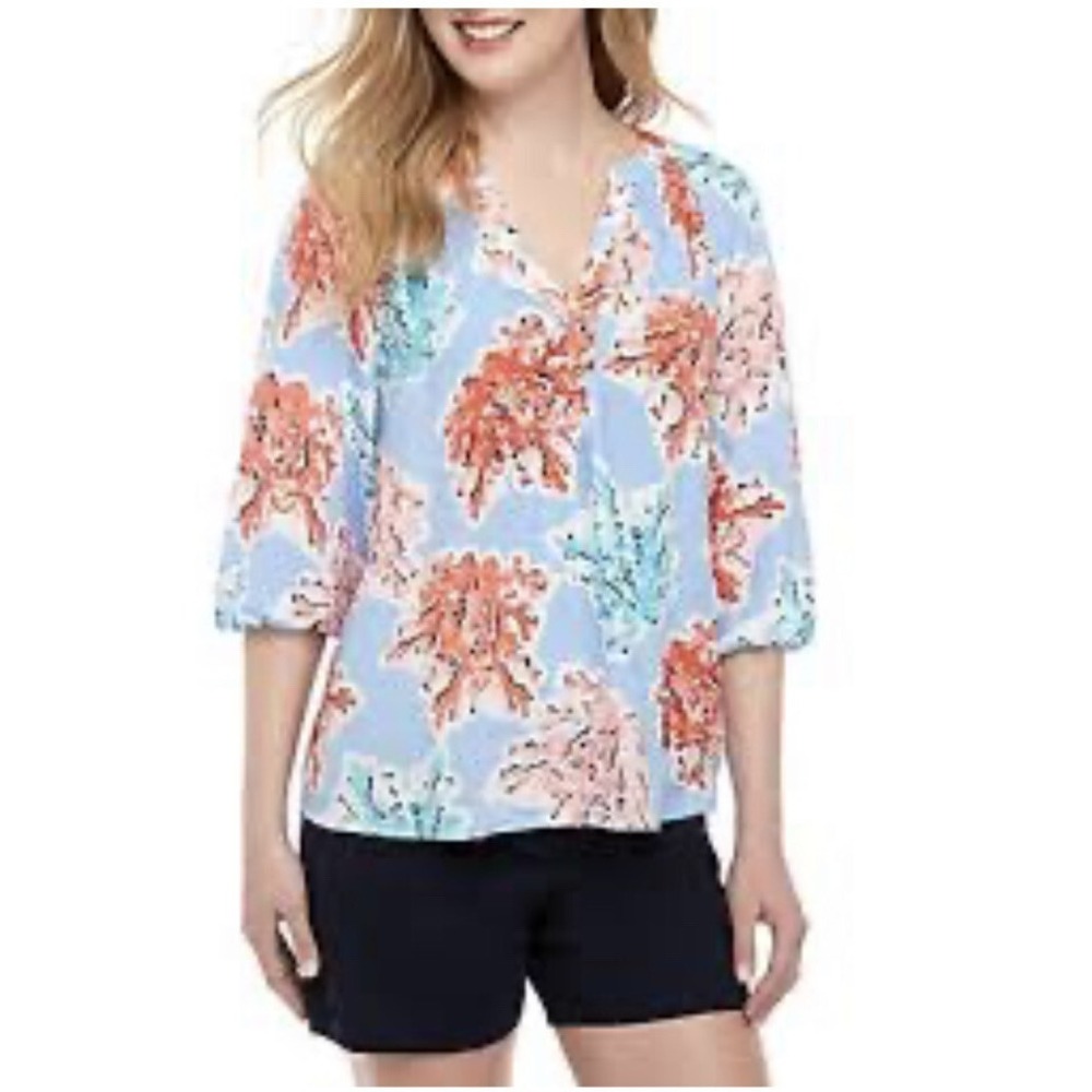 Crown & Ivy Curvy 3/4 Sleeve Blouse Blue Pink Coral Print 2X